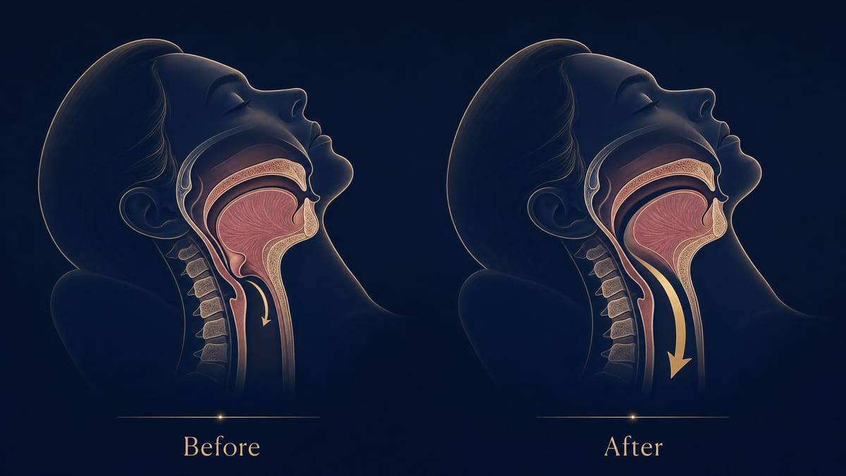 Illustration of two throat cross-sections labeled Before and After, showing a narrower and a more open airflow passage