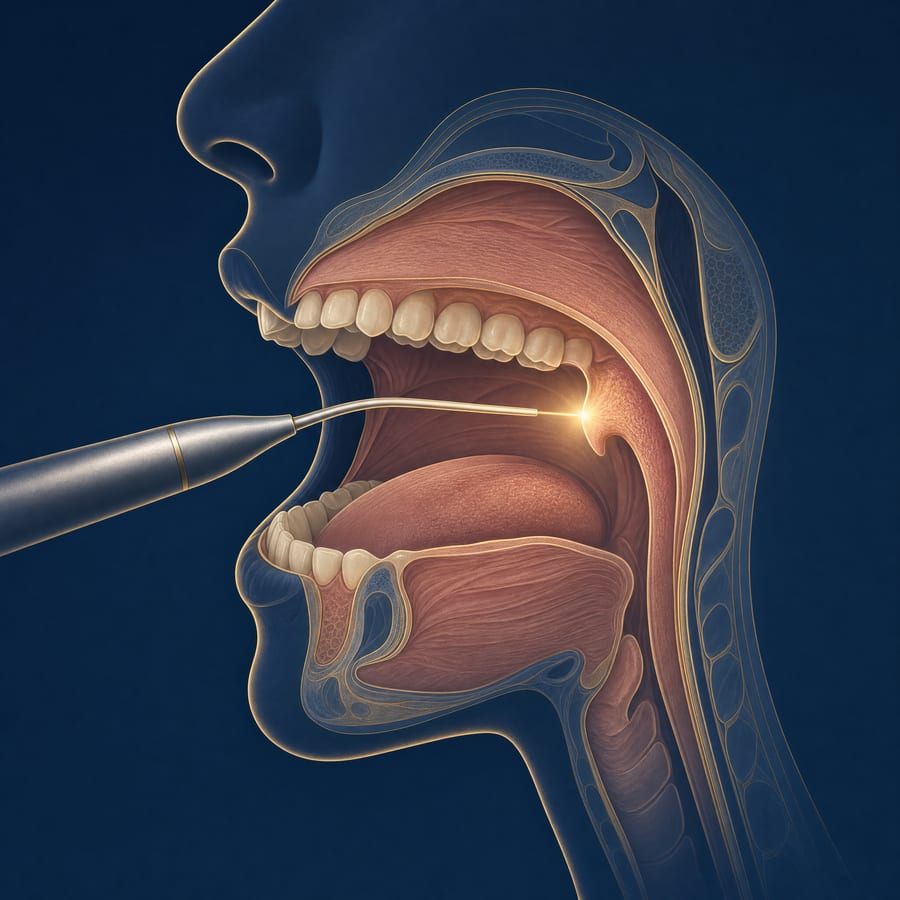 Illustration of a laser handpiece directing gentle light toward the soft palate inside an open mouth