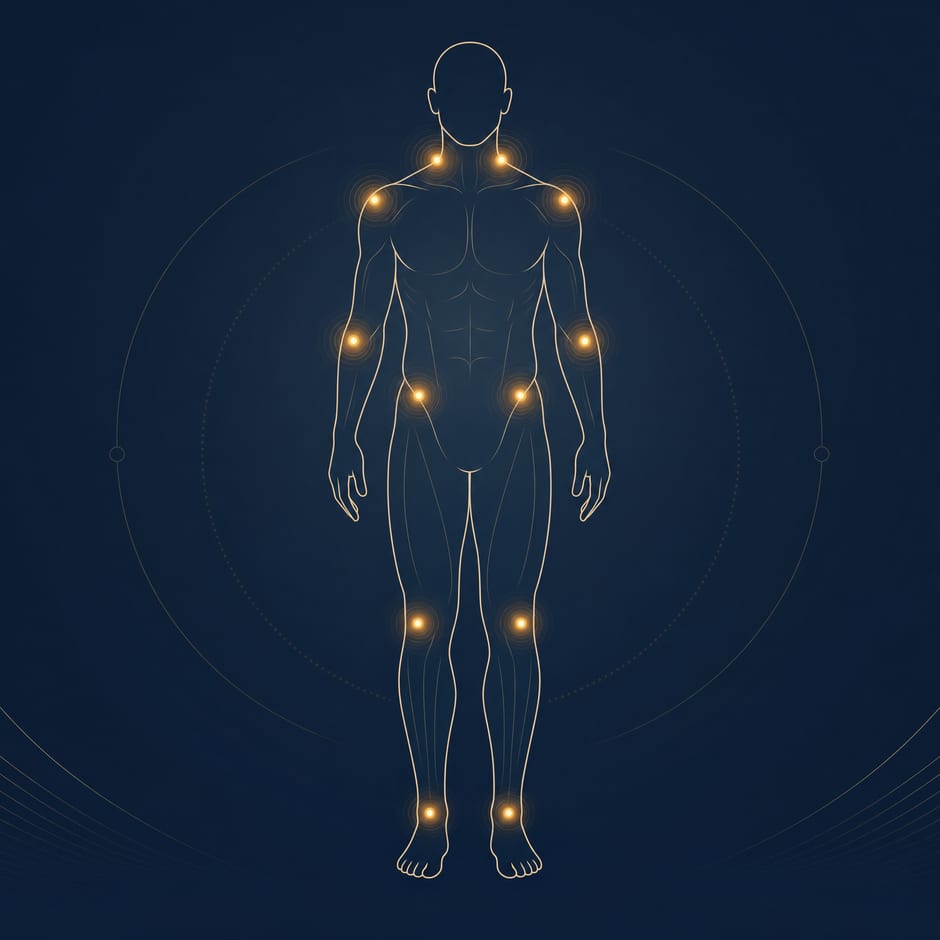 Illustration of common StemWave treatment areas including neck, shoulders, elbows, lower back, knees, and ankles