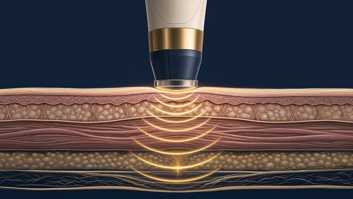 Illustration of acoustic shockwaves traveling through tissue layers during StemWave therapy